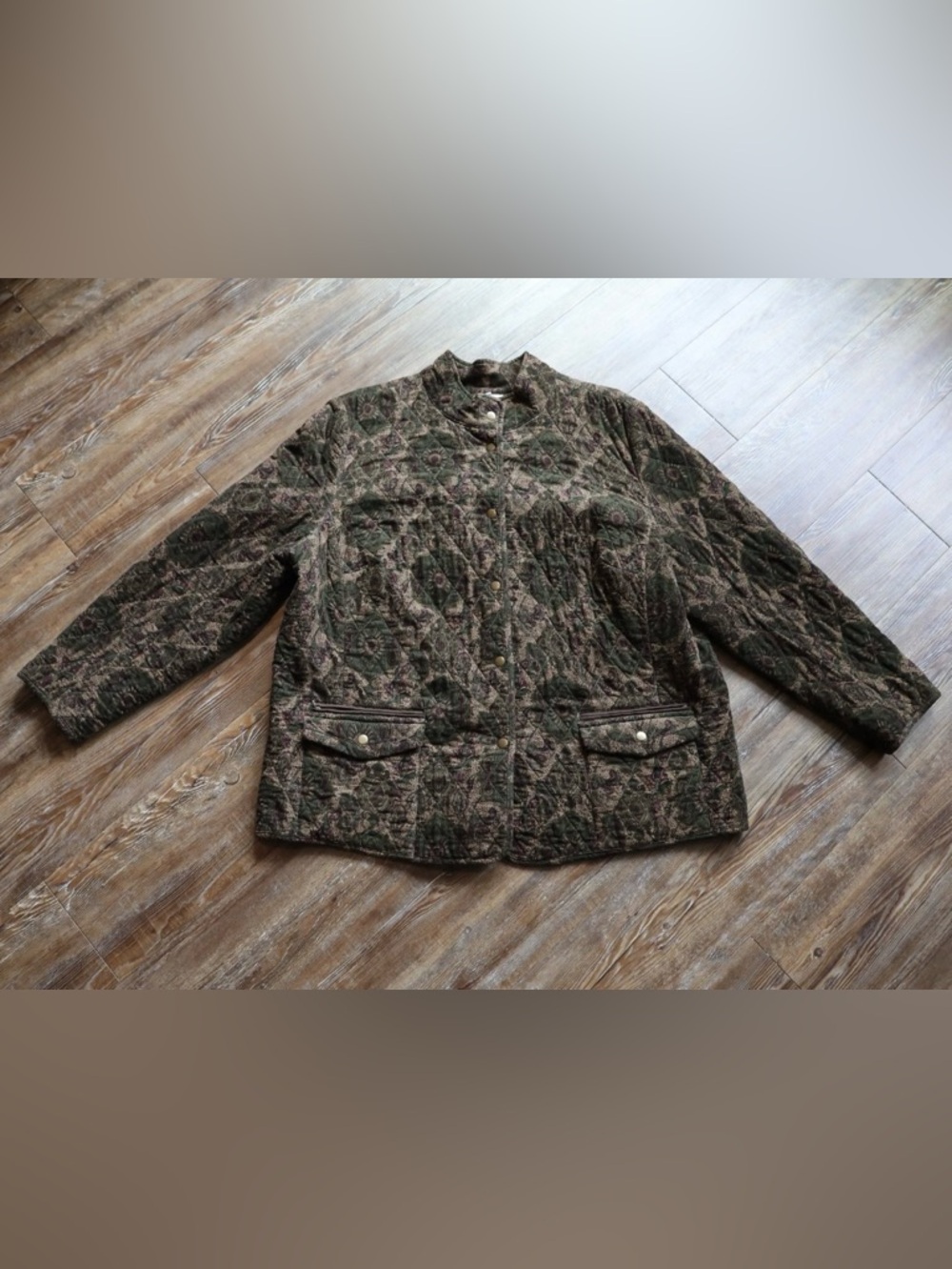 Charter Club Womens Olive Green Paisley Indie Folk Quilted Corduroy Jacket 3X